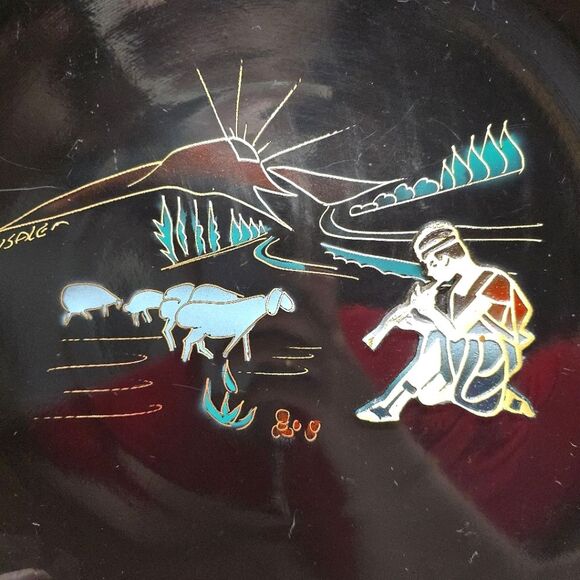 Vintage Jewish JERUSALEM Israel Metal Enameled Wall Plate Shepherd with sheep - Picture 2 of 7